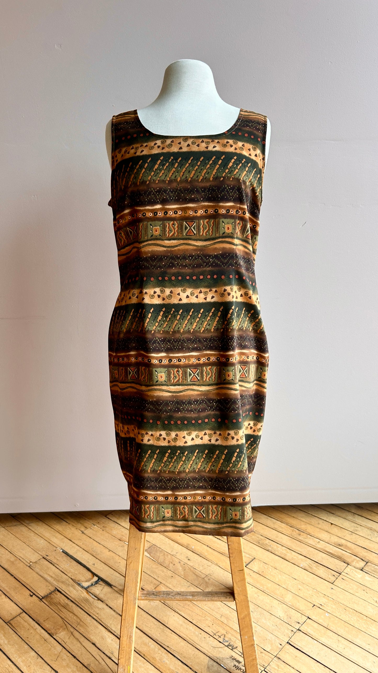 1990s brown + olive green mini shift dress, sz. medium