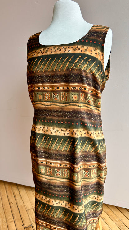 1990s brown + olive green mini shift dress, sz. medium