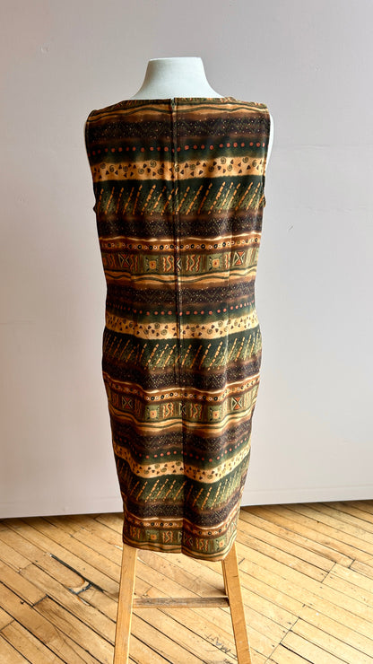 1990s brown + olive green mini shift dress, sz. medium