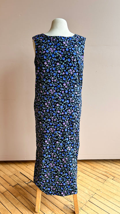 1990s black + purple floral maxi shift dress, sz. medium