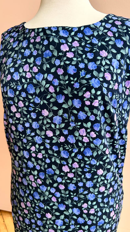 1990s black + purple floral maxi shift dress, sz. medium