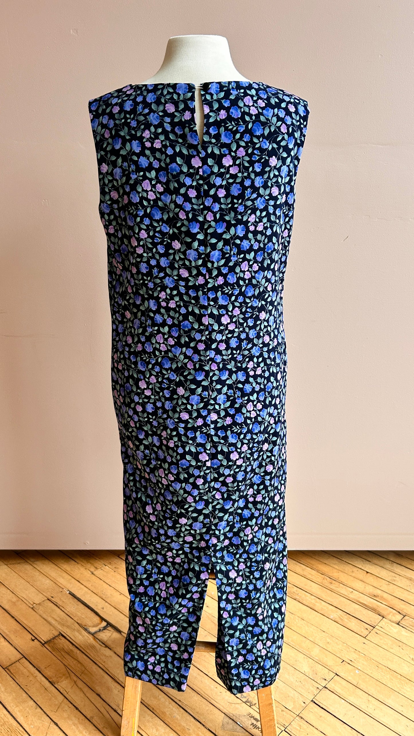 1990s black + purple floral maxi shift dress, sz. medium