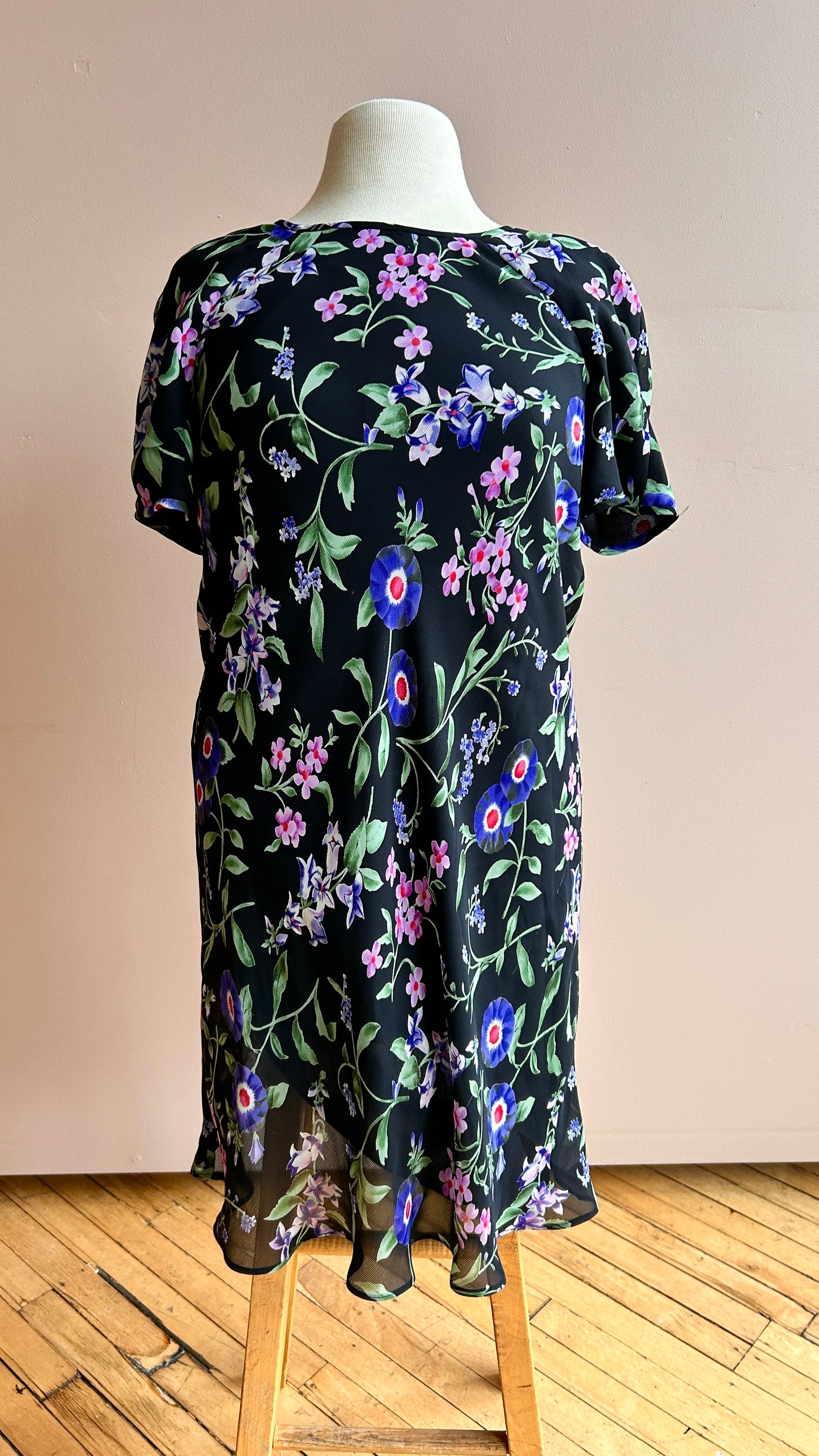 1990s black, purple, + pink floral mini dress, sz. large/XL
