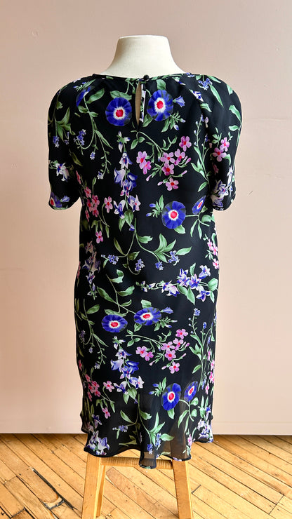 1990s black, purple, + pink floral mini dress, sz. large/XL