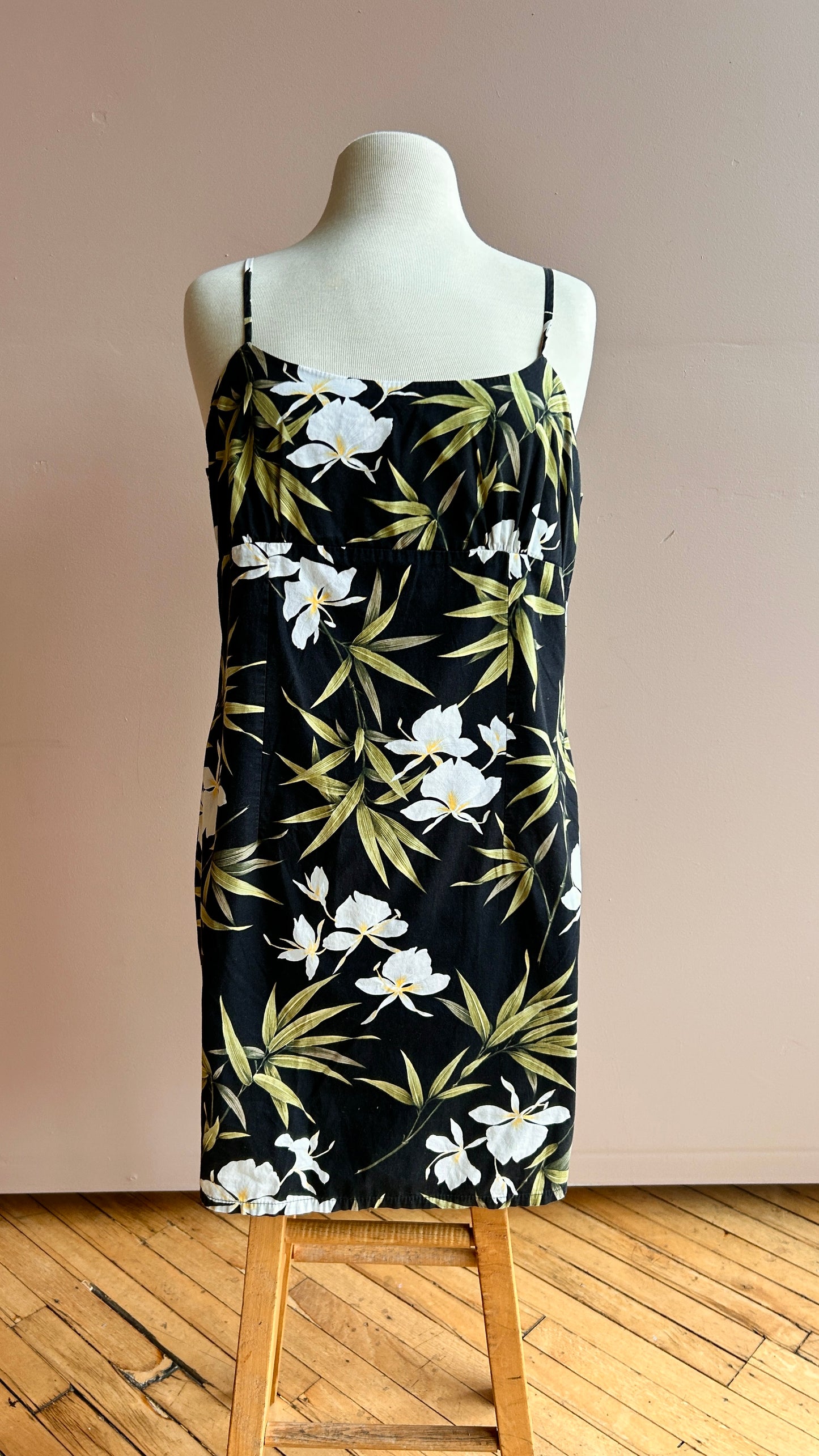 1990s black tropical floral mini dress, sz. medium