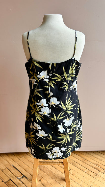 1990s black tropical floral mini dress, sz. medium