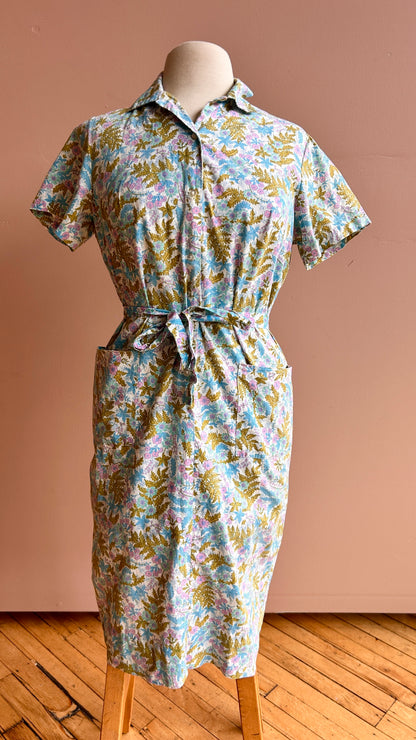 1960s blue + pink floral dress, sz. medium