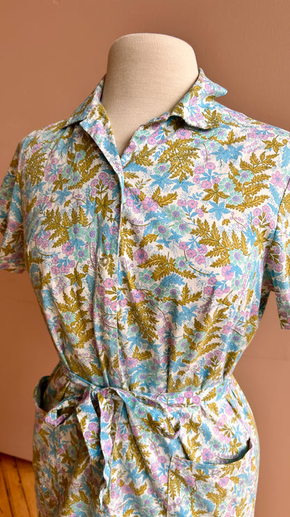 1960s blue + pink floral dress, sz. medium