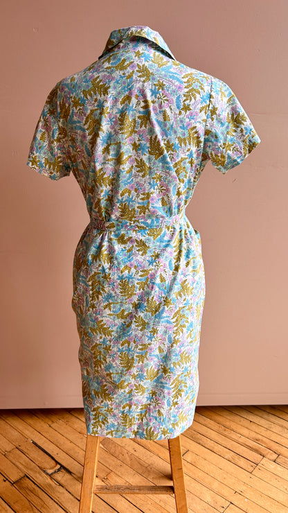 1960s blue + pink floral dress, sz. medium