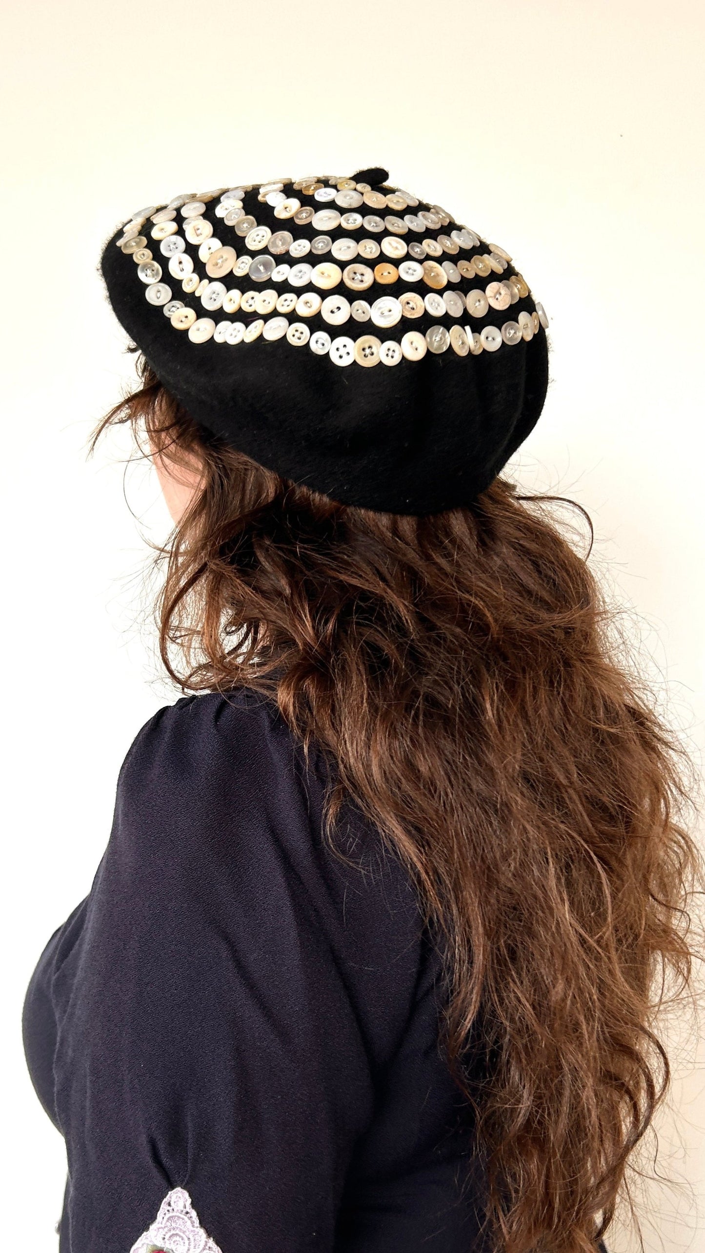 reworked black spiral button beret