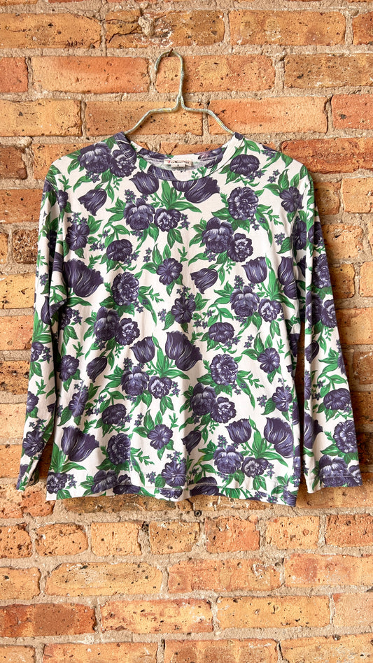 1990s blue + green floral long-sleeve tee, sz. large