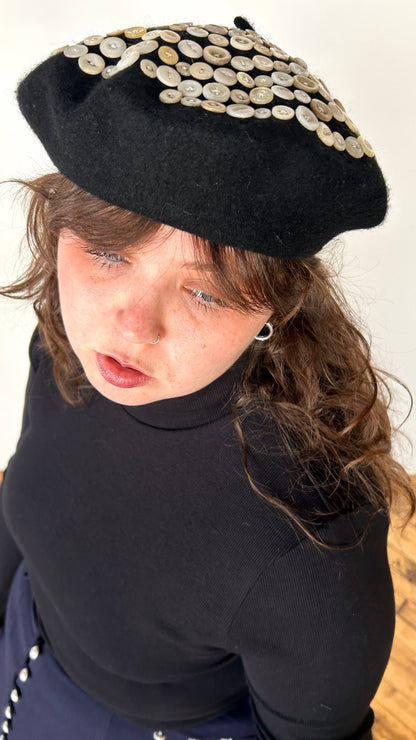 reworked black spiral button beret