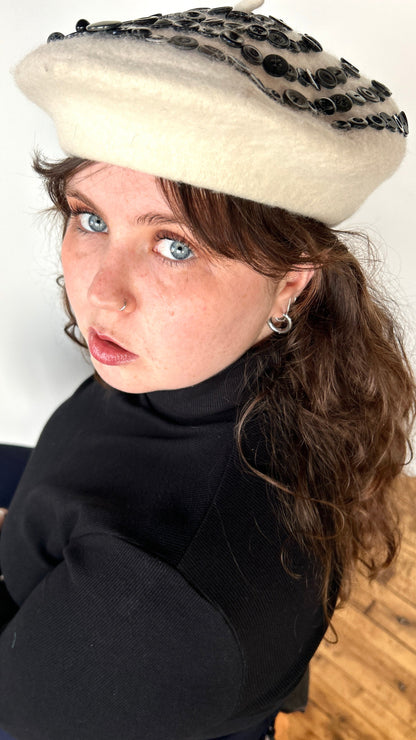 reworked white spiral button beret