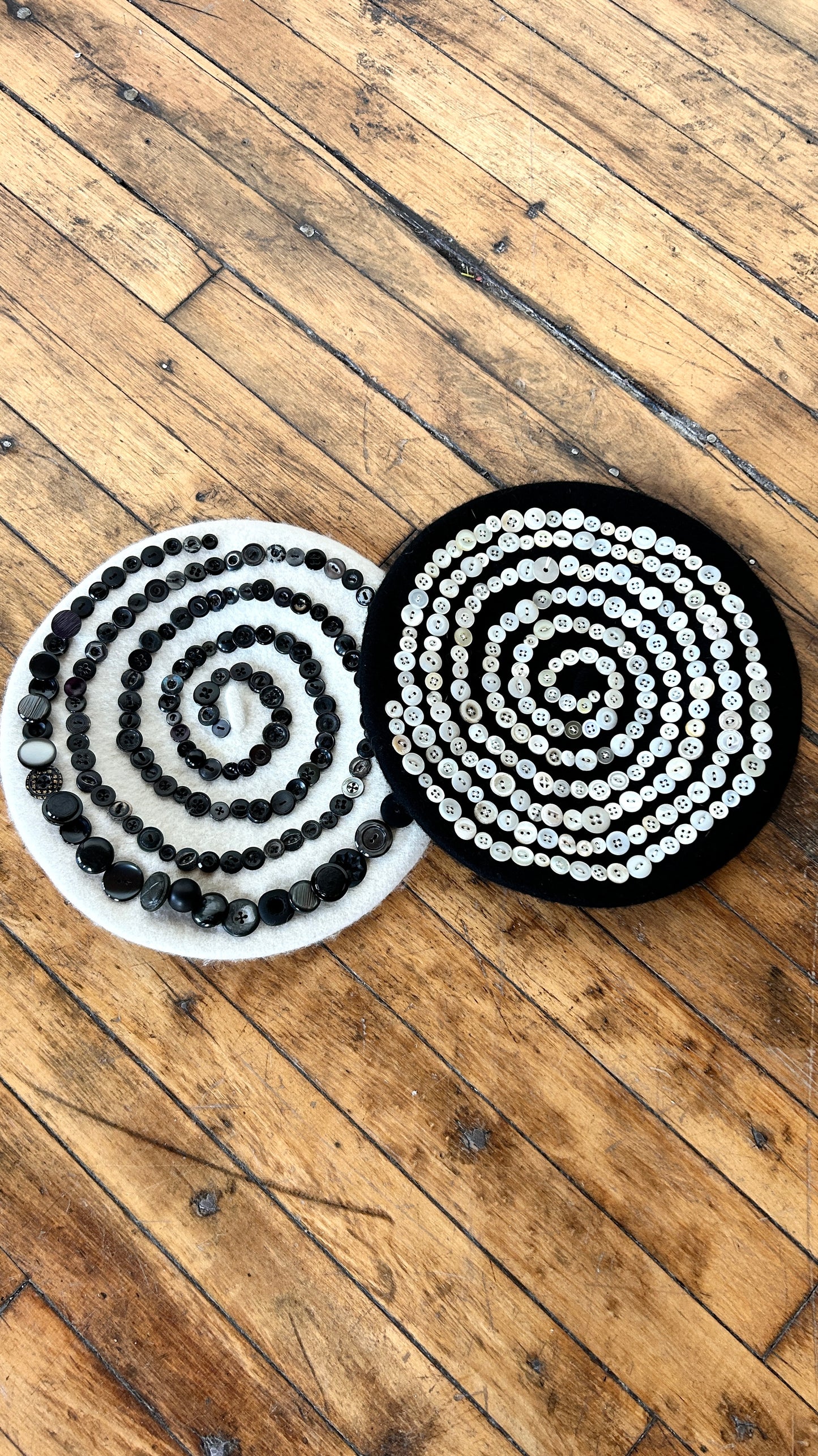 reworked white spiral button beret