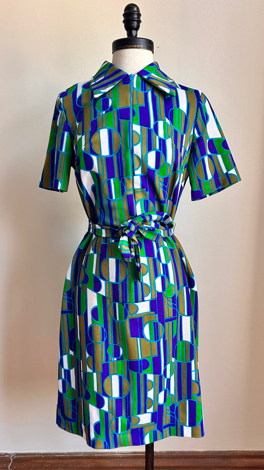 1970s blue + green geometric zip-up mini dress, sz. medium