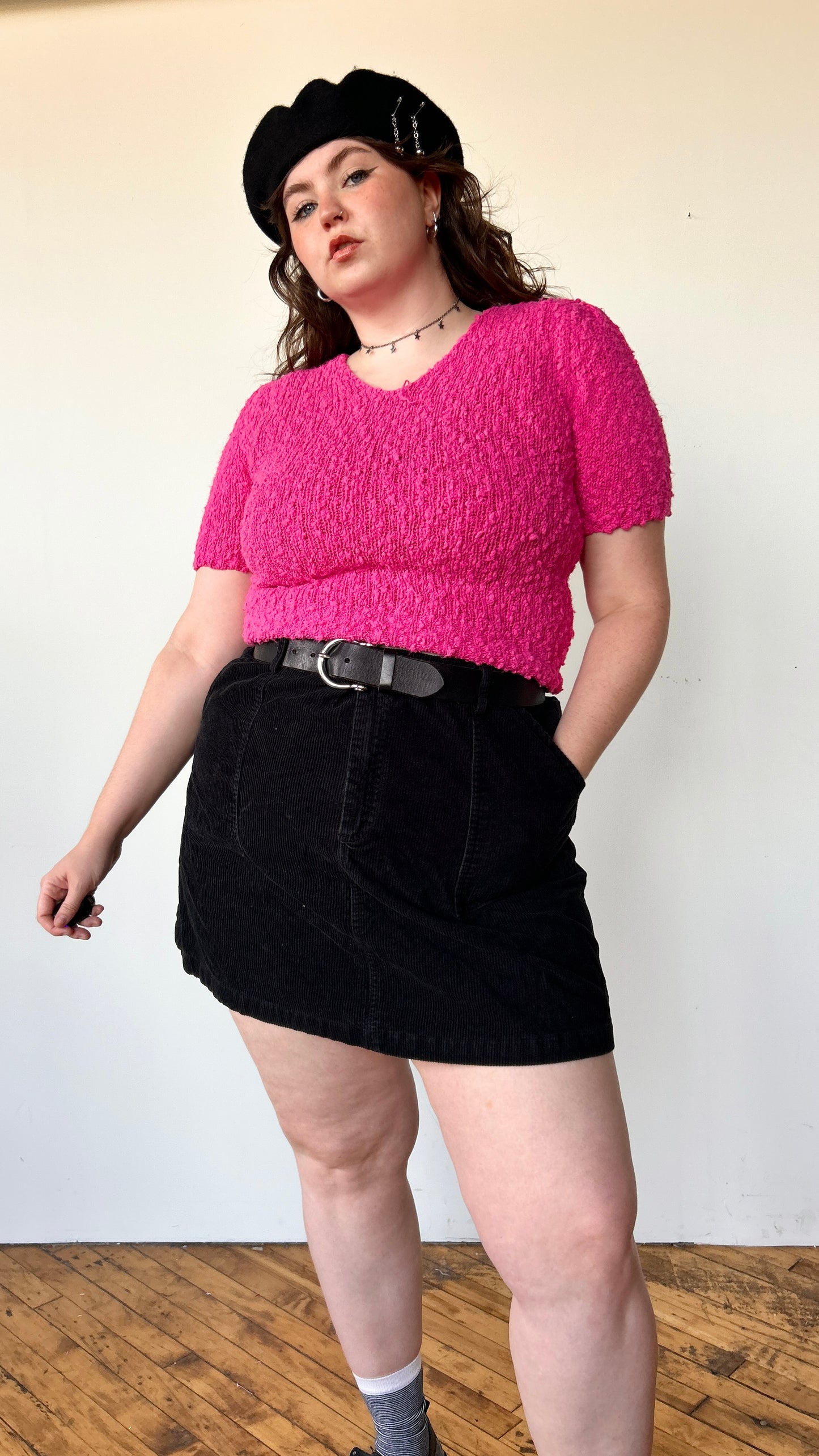 1990s pink knit sweater top, sz. large/XL