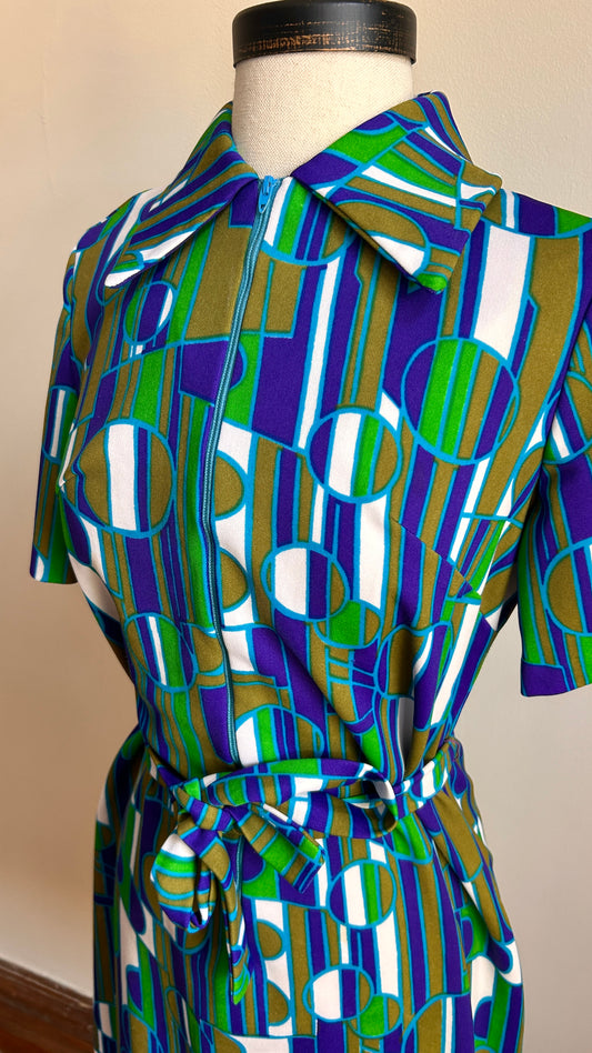 1970s blue + green geometric zip-up mini dress, sz. medium