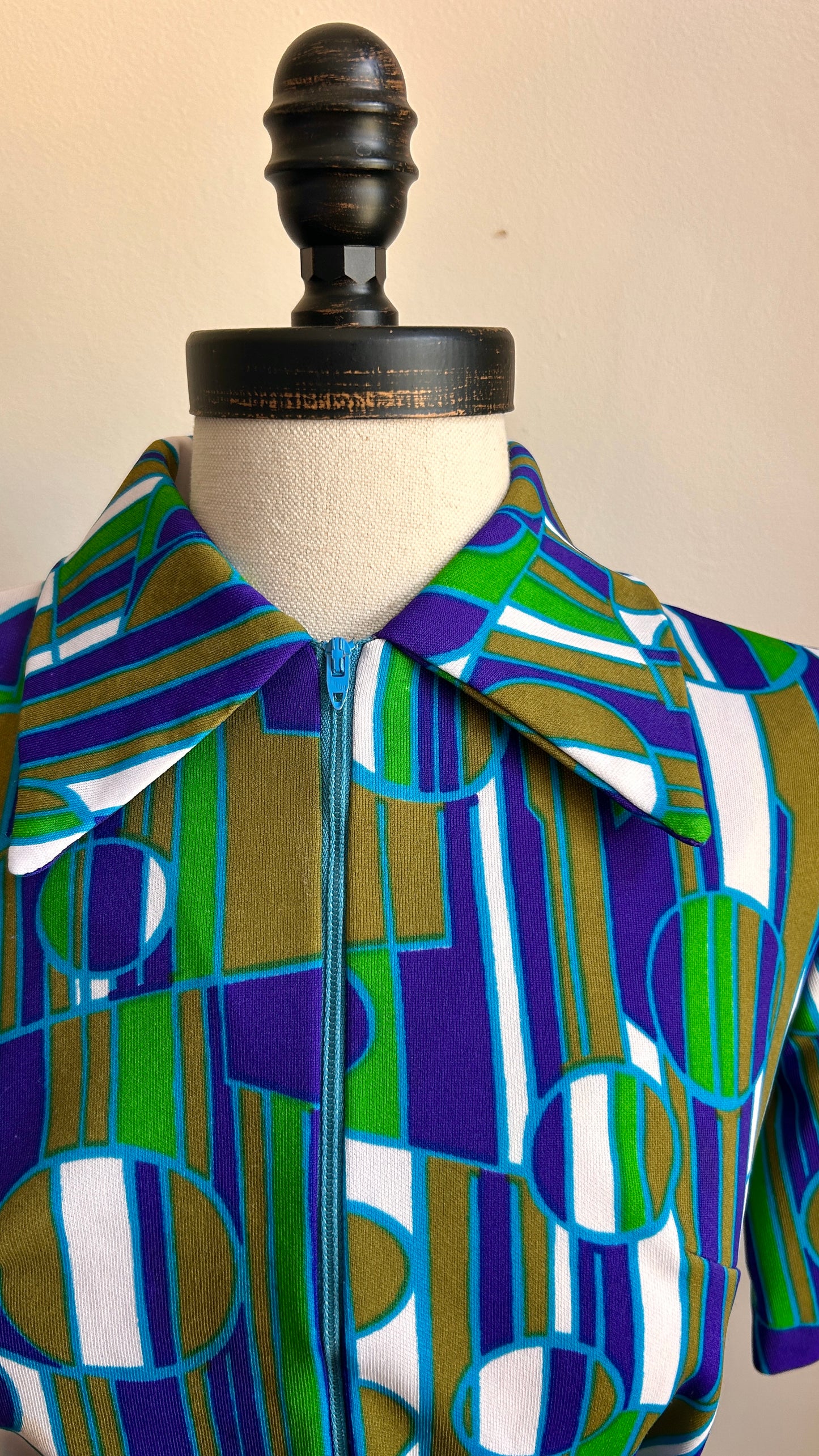 1970s blue + green geometric zip-up mini dress, sz. medium