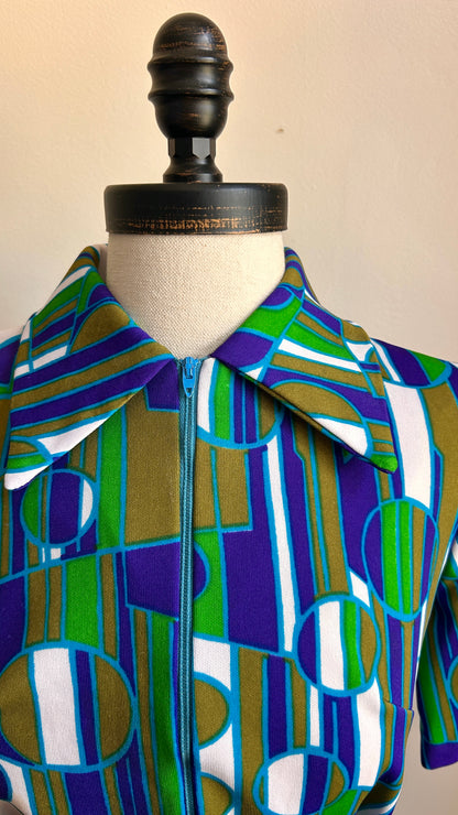 1970s blue + green geometric zip-up mini dress, sz. medium