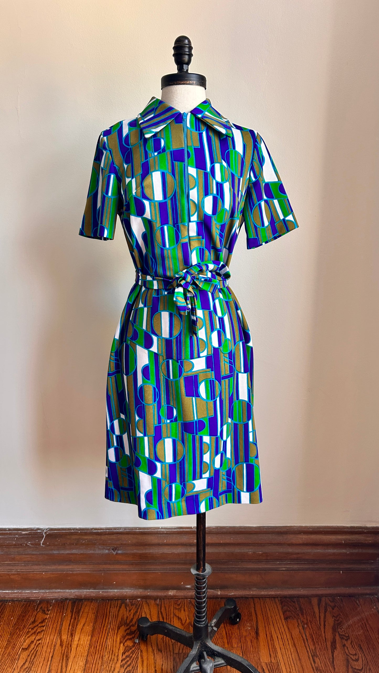 1970s blue + green geometric zip-up mini dress, sz. medium