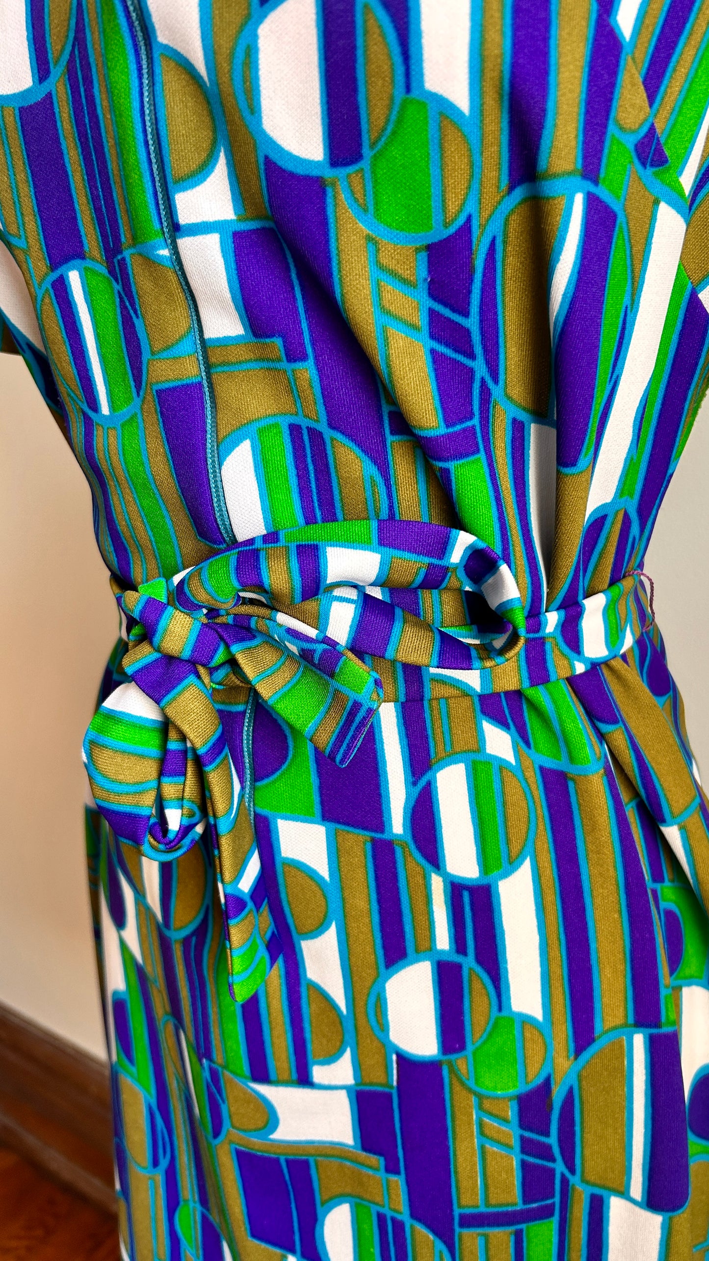 1970s blue + green geometric zip-up mini dress, sz. medium