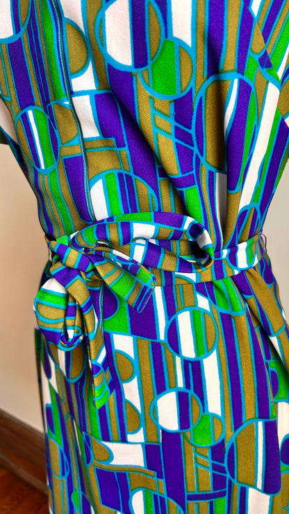 1970s blue + green geometric zip-up mini dress, sz. medium