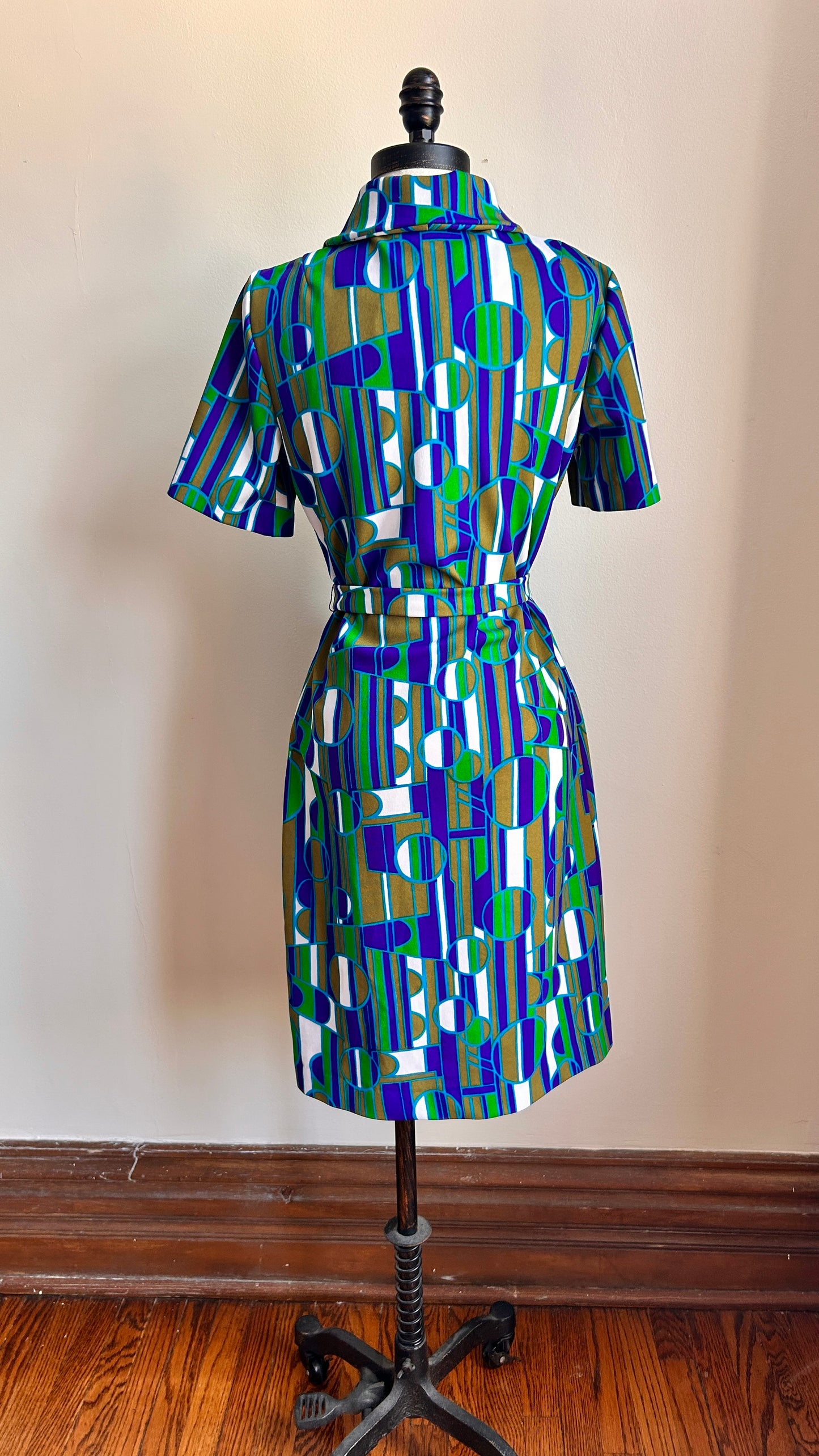 1970s blue + green geometric zip-up mini dress, sz. medium