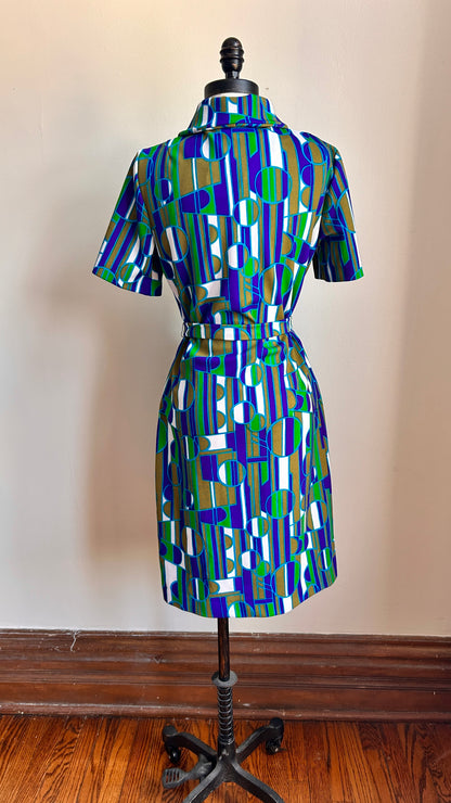1970s blue + green geometric zip-up mini dress, sz. medium