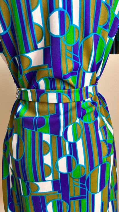 1970s blue + green geometric zip-up mini dress, sz. medium