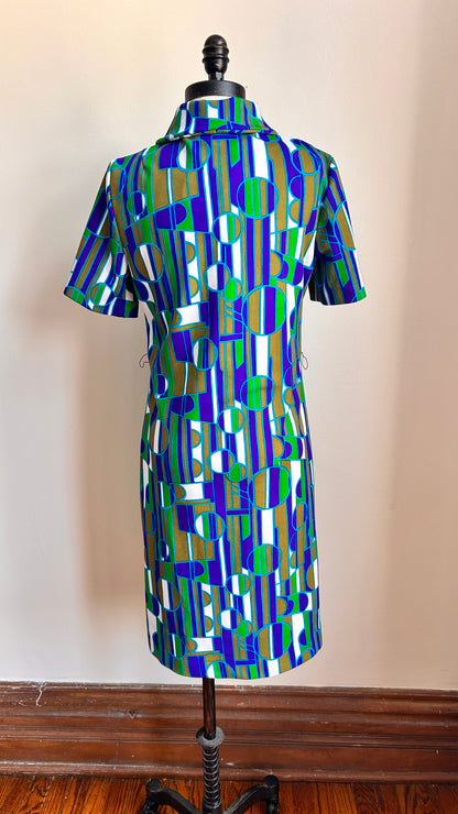 1970s blue + green geometric zip-up mini dress, sz. medium