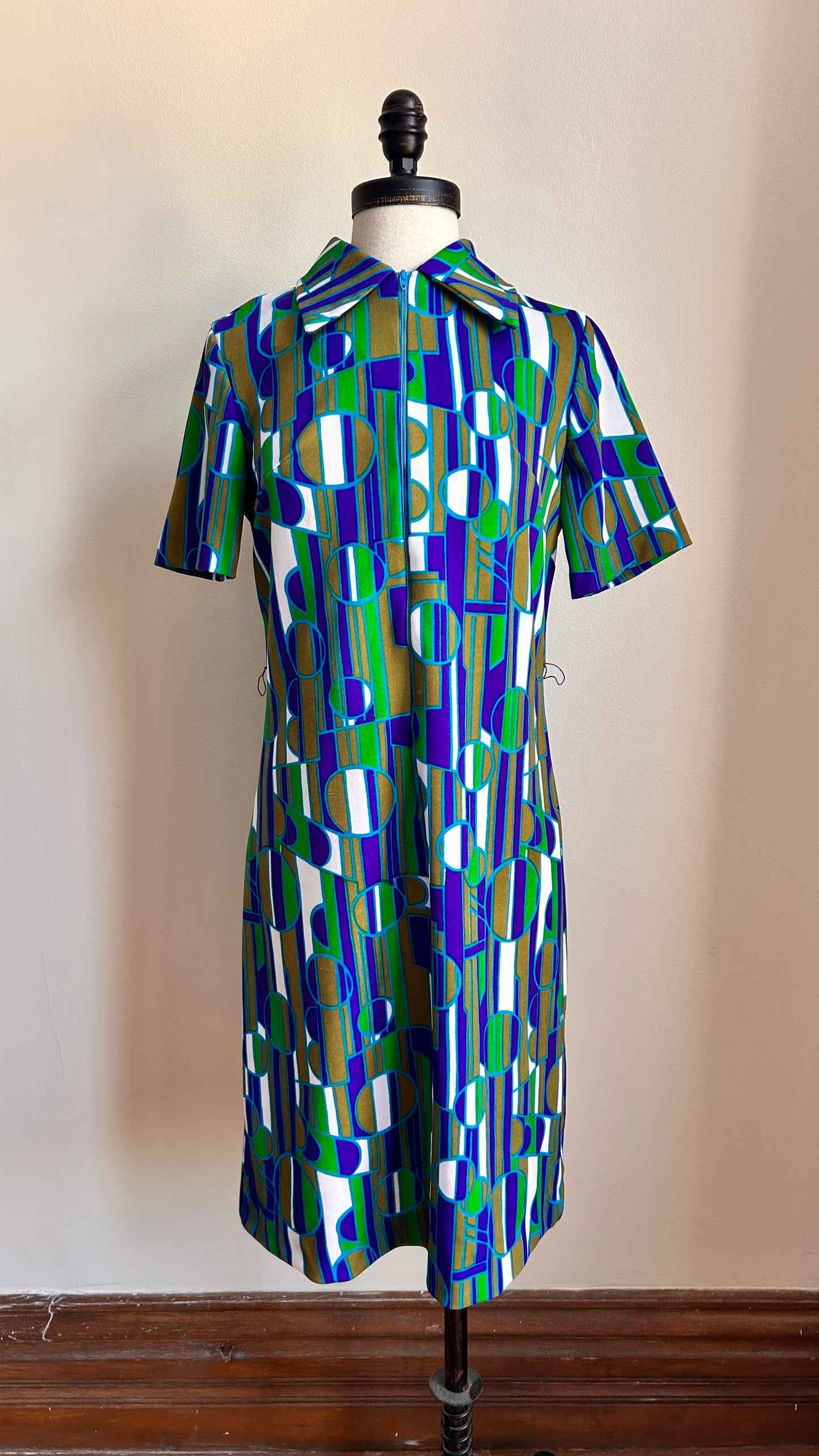 1970s blue + green geometric zip-up mini dress, sz. medium
