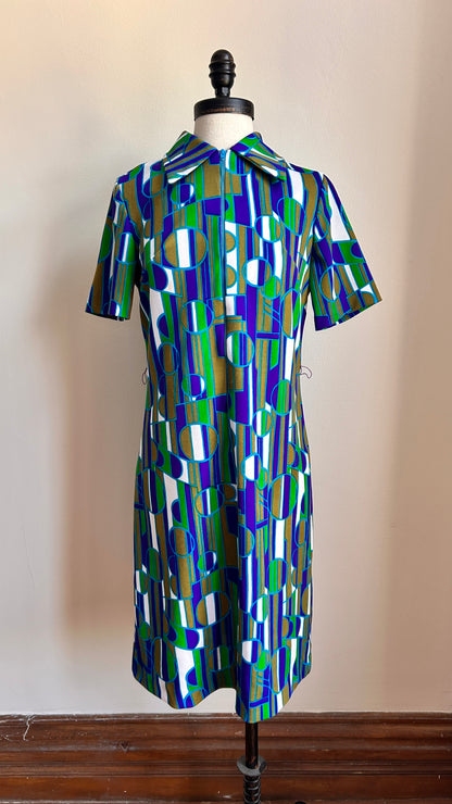 1970s blue + green geometric zip-up mini dress, sz. medium