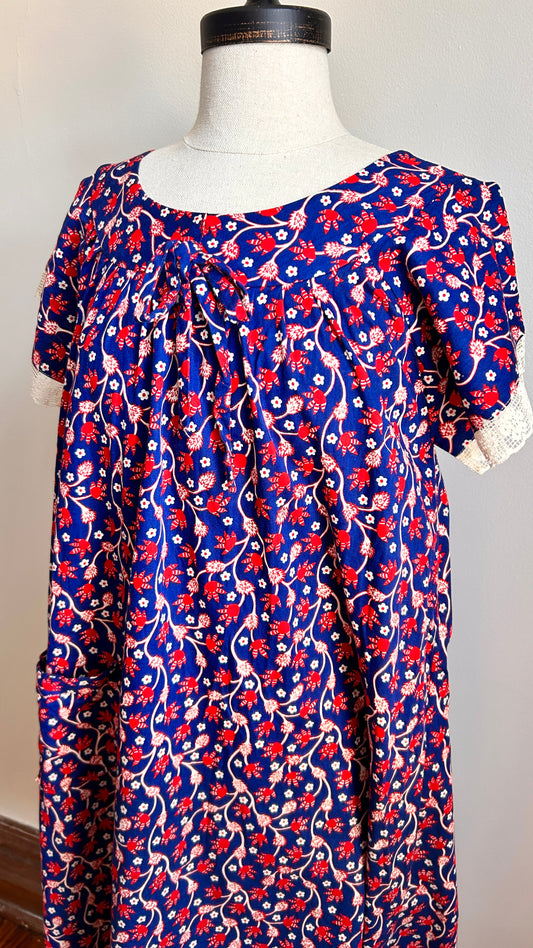 1970s navy + red floral prairie dress, sz. large/XL