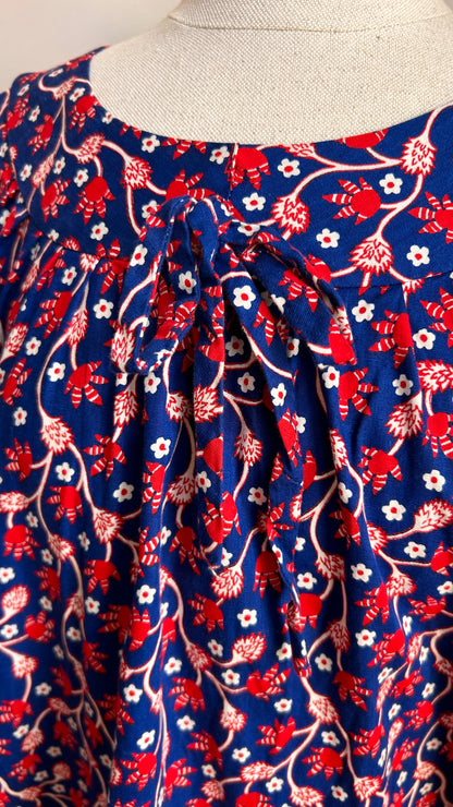 1970s navy + red floral prairie dress, sz. large/XL