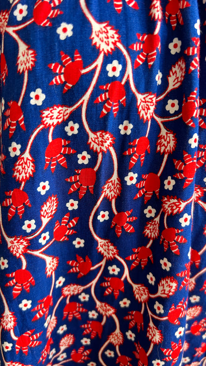 1970s navy + red floral prairie dress, sz. large/XL