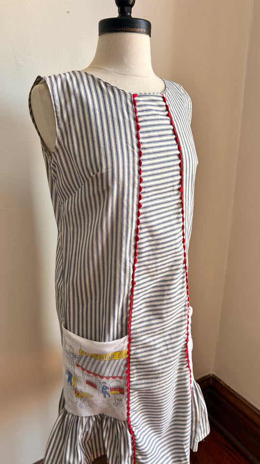 1950s striped mini shift dress with illustrated pockets, sz. small