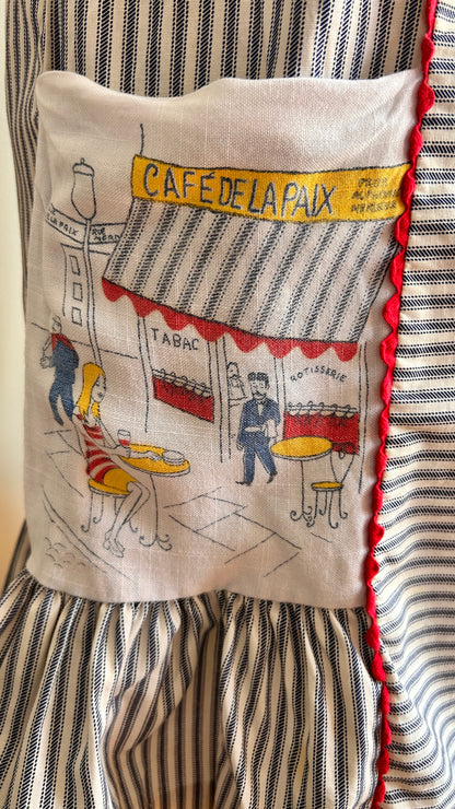 1950s striped mini shift dress with illustrated pockets, sz. small