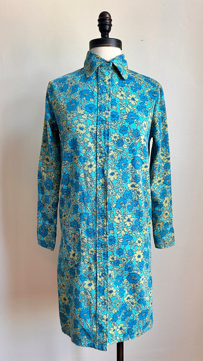 1970s blue floral shirt dress, sz. small