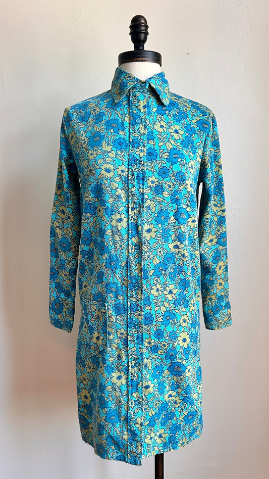 1970s blue floral shirt dress, sz. small