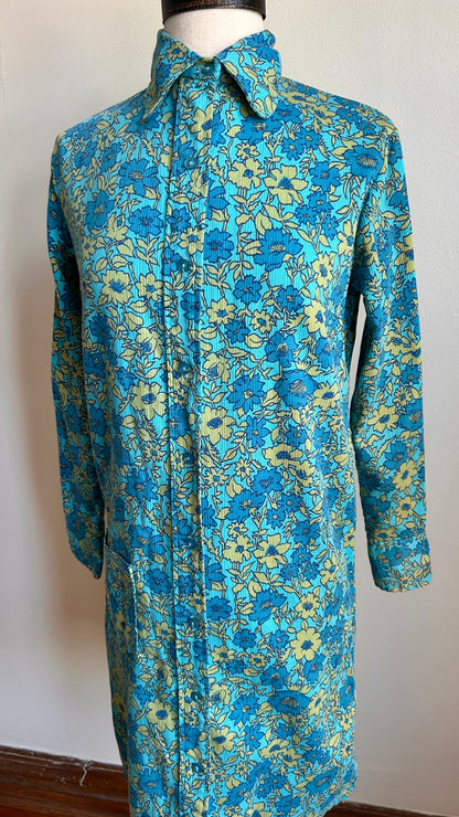1970s blue floral shirt dress, sz. small