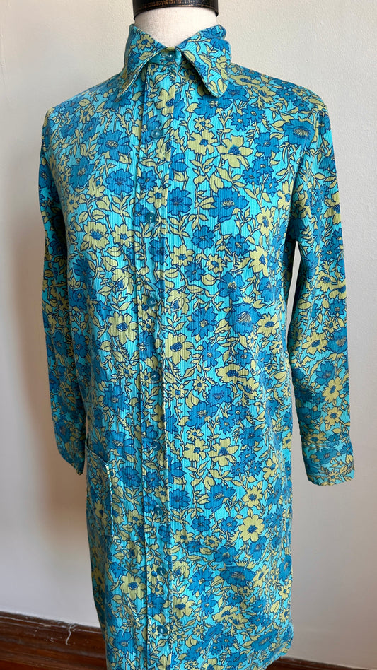 1970s blue floral shirt dress, sz. small