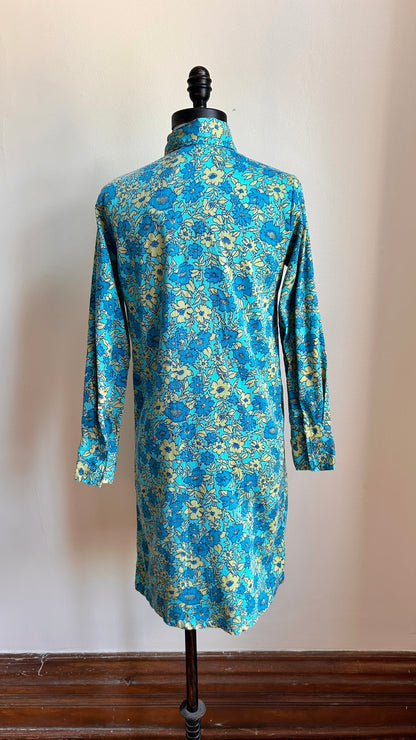 1970s blue floral shirt dress, sz. small