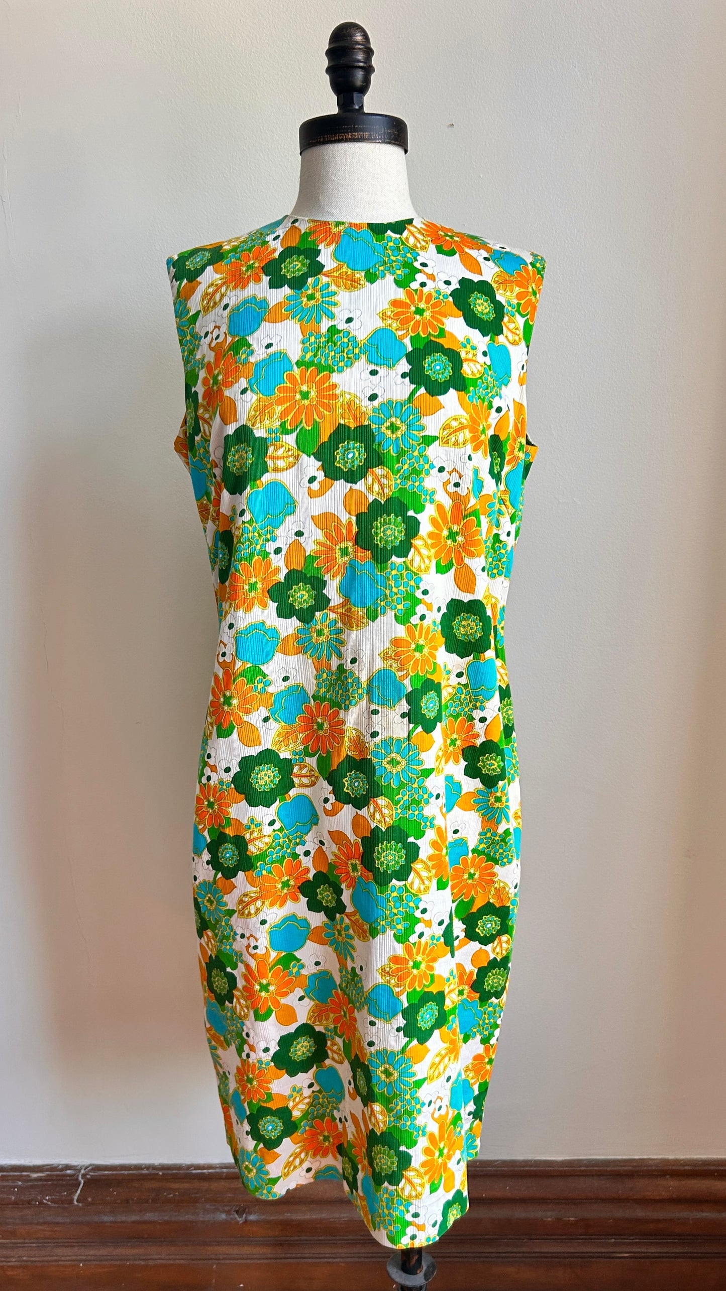 1970s green + orange floral midi dress, sz. medium