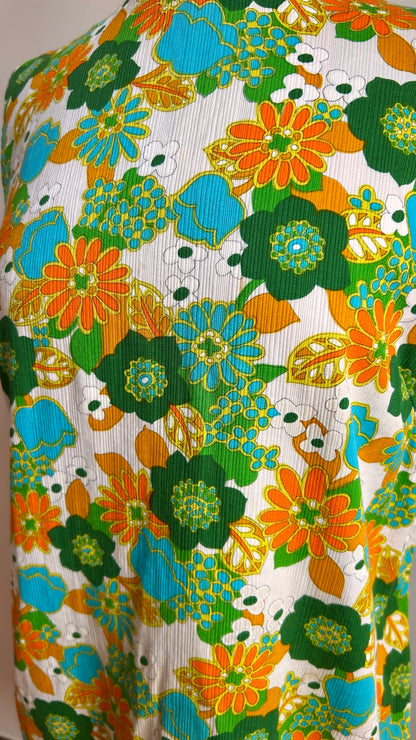 1970s green + orange floral midi dress, sz. medium
