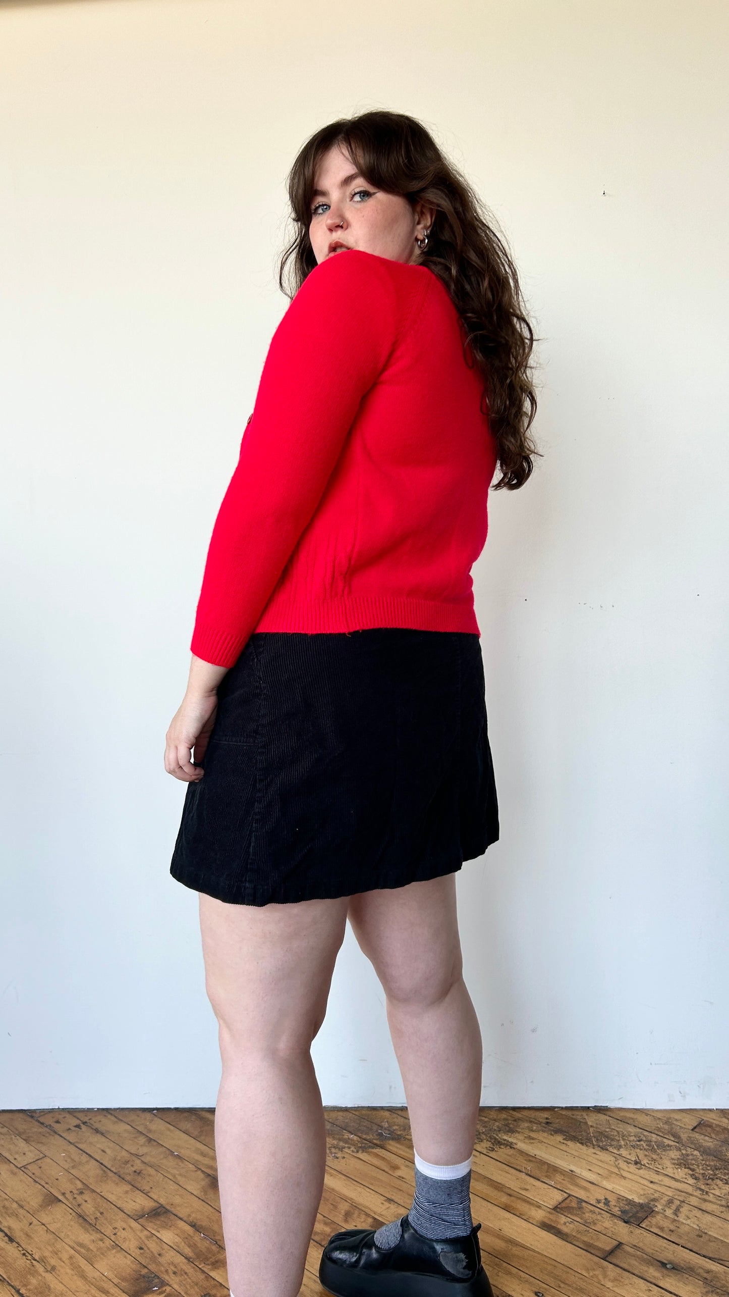 1970s bright red cardigan sweater, sz. medium/large