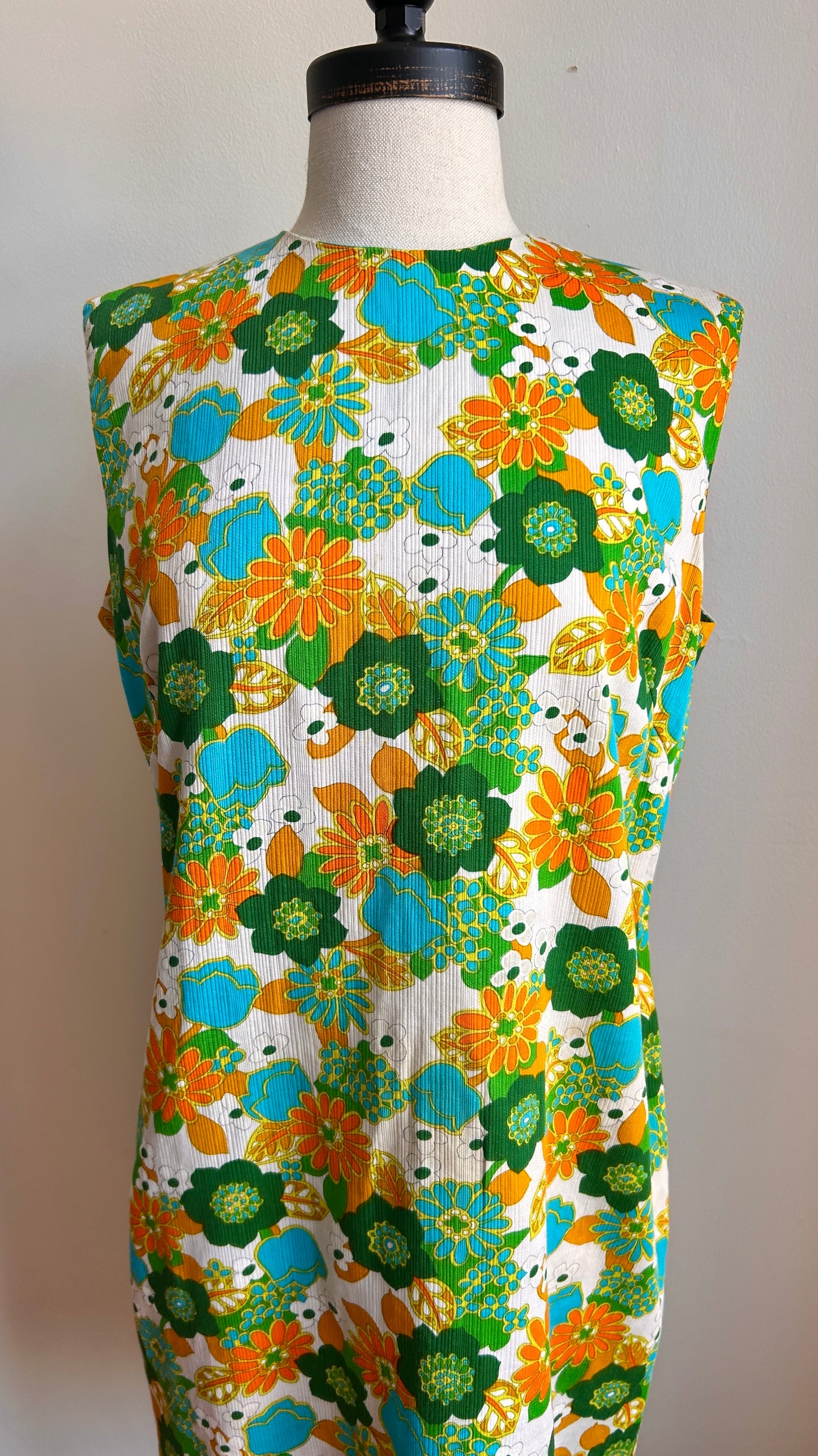 1970s green + orange floral midi dress, sz. medium