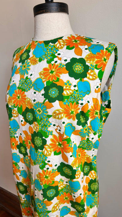1970s green + orange floral midi dress, sz. medium