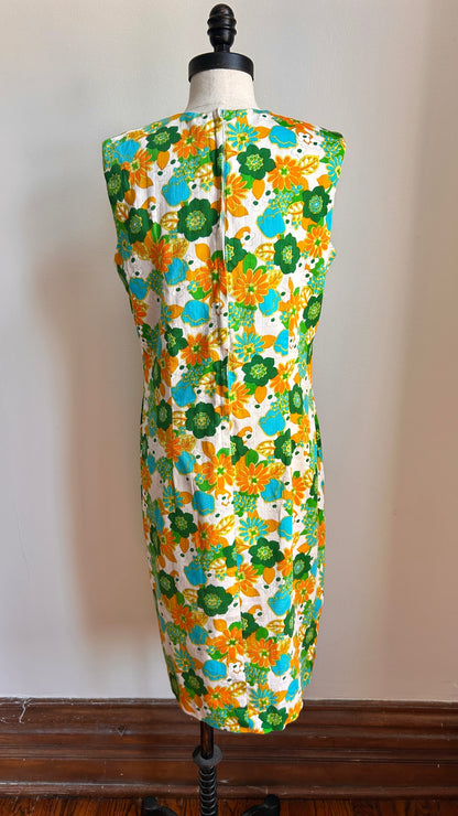 1970s green + orange floral midi dress, sz. medium