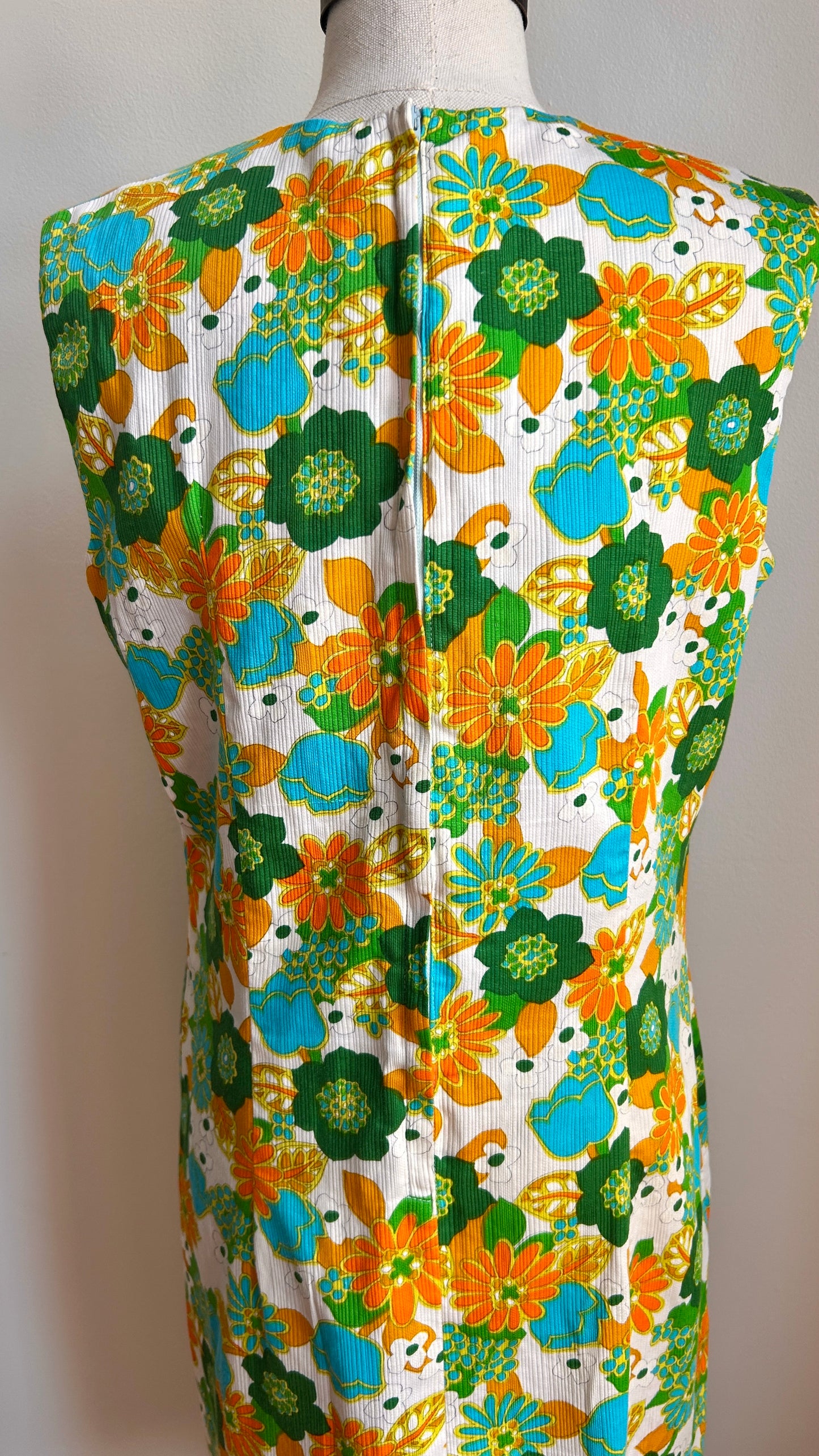 1970s green + orange floral midi dress, sz. medium