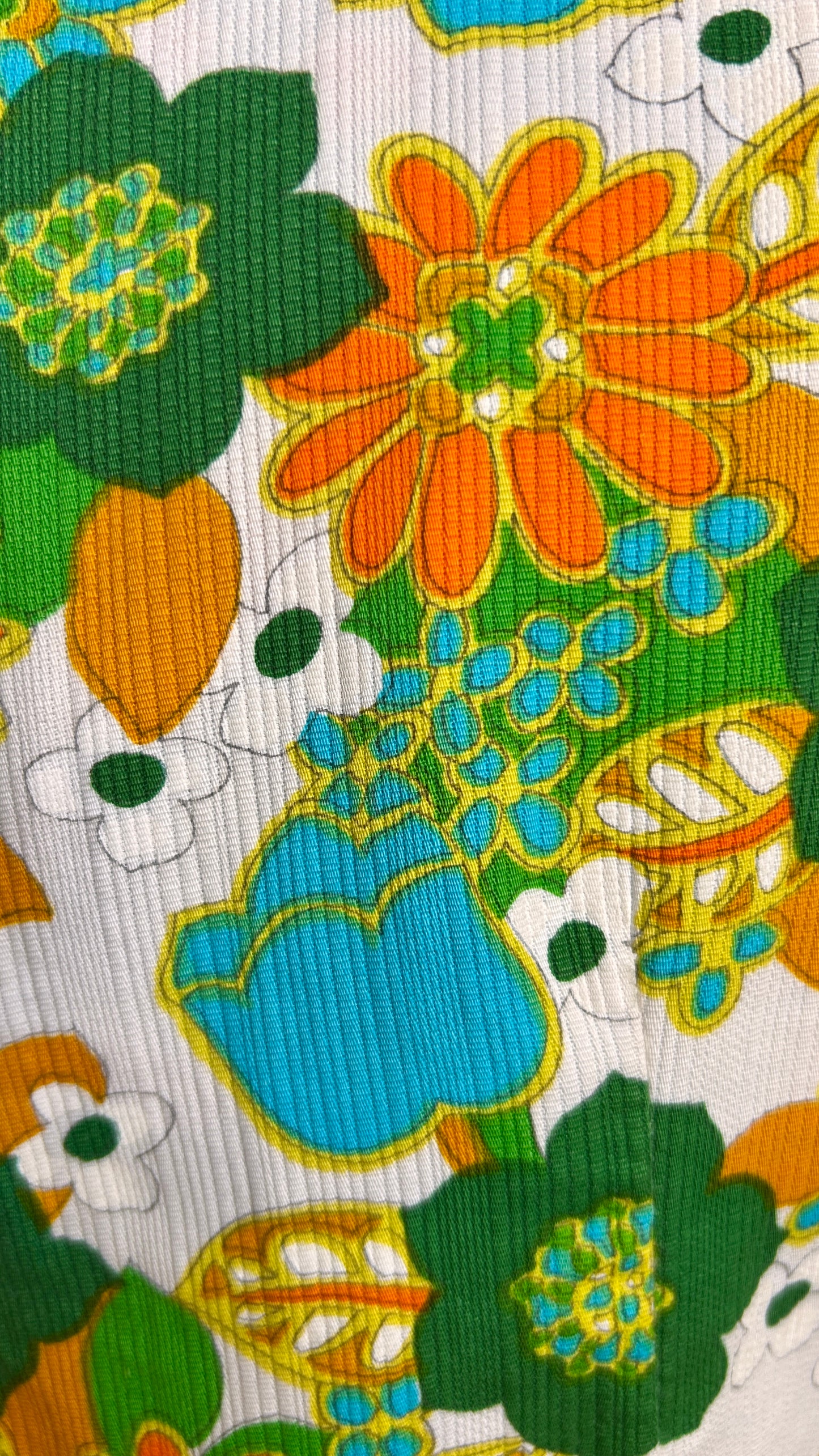 1970s green + orange floral midi dress, sz. medium